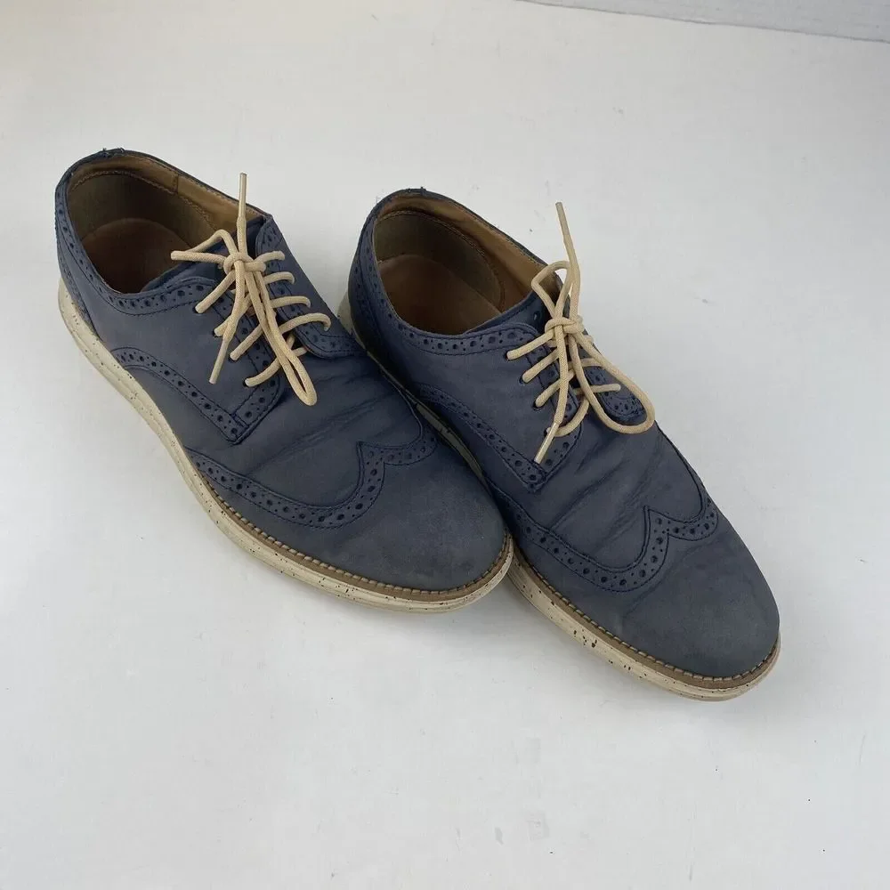 Cole Haan Lunargrand Suede Wingtip Oxford Shoes Blue Gray Men's Size‎ 9 Used